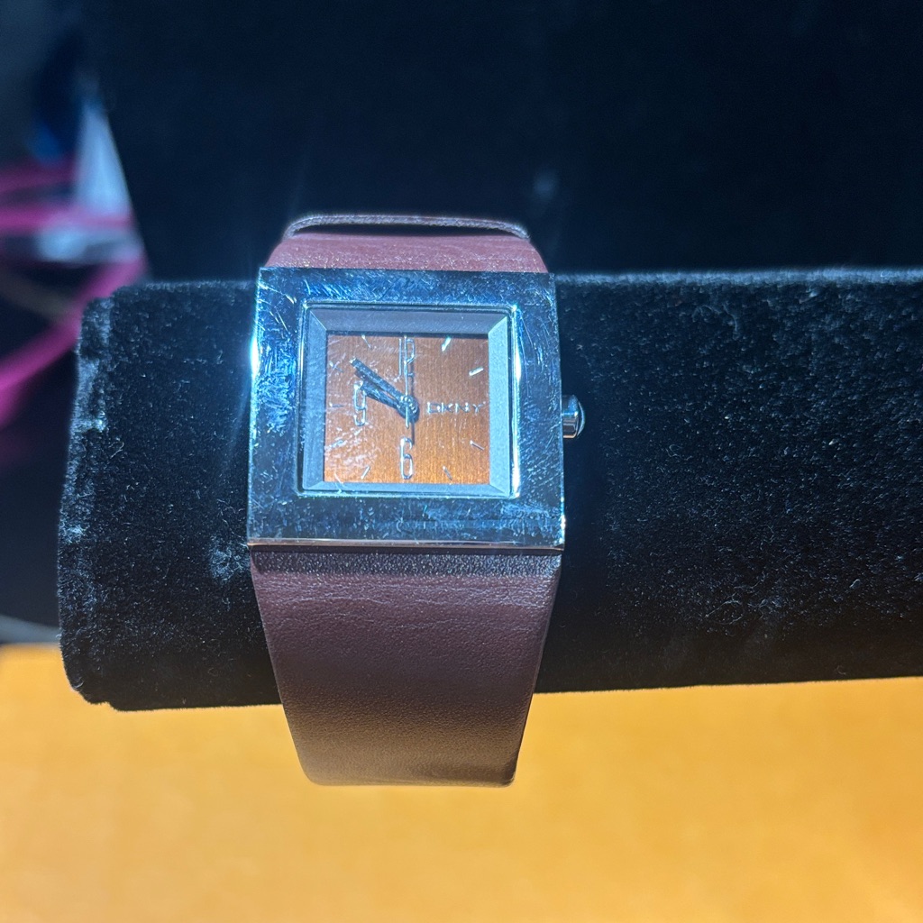 Dkny Silver Case Watch With Brown Leather Strap
